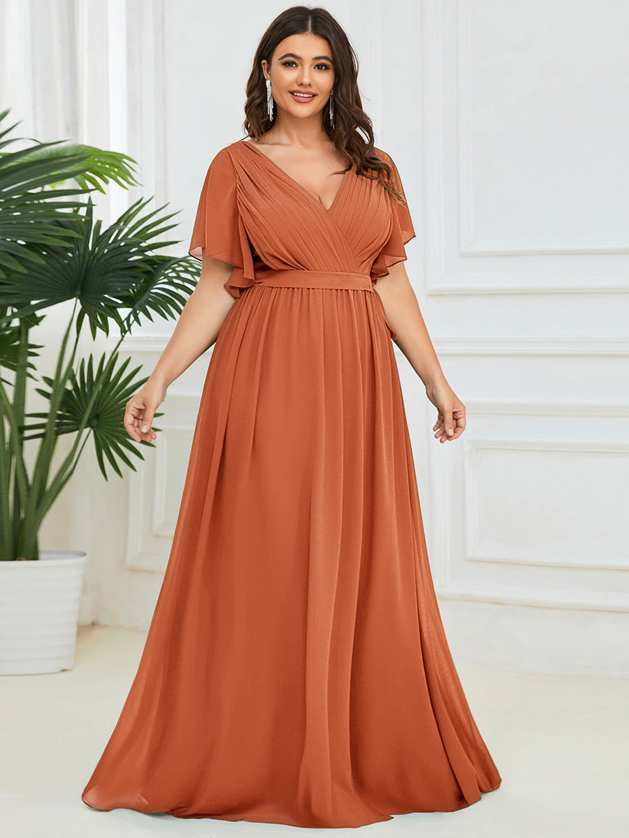 Color=Brandied Melon | Volume Discounts Short Sleeve Ruffle Deep V-Neck A-Line Floor Length Evening Dresses-Brandied Melon 10