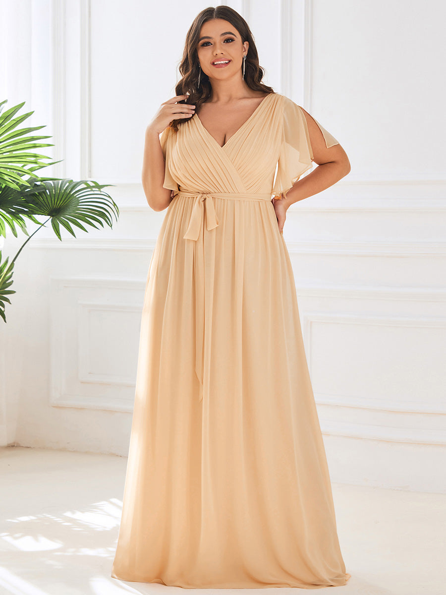 A Line Plus Size Wholesale Bridesmaid Dresses with Deep V Neck Ruffles Sleeves