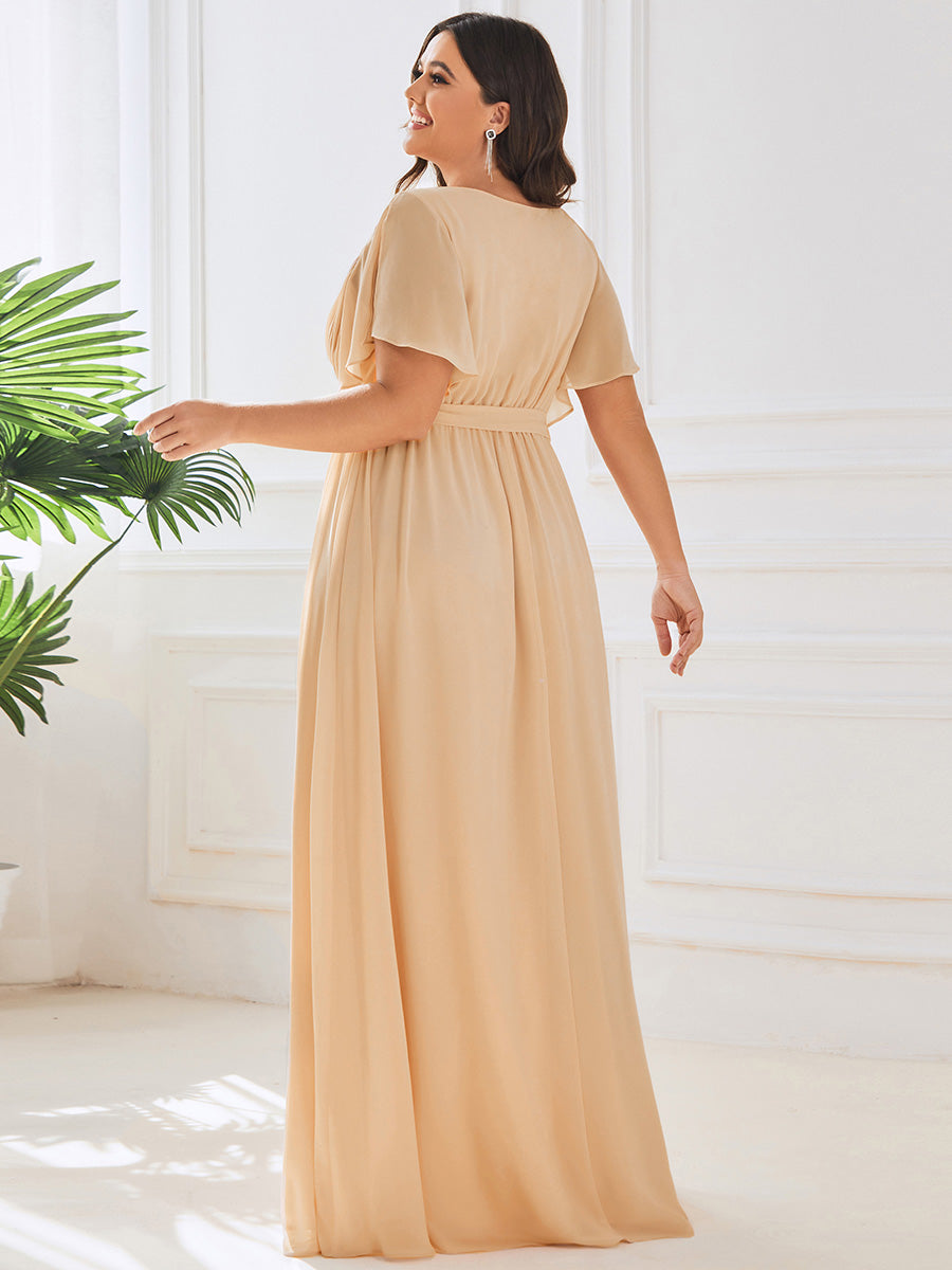 A Line Plus Size Wholesale Bridesmaid Dresses with Deep V Neck Ruffles Sleeves