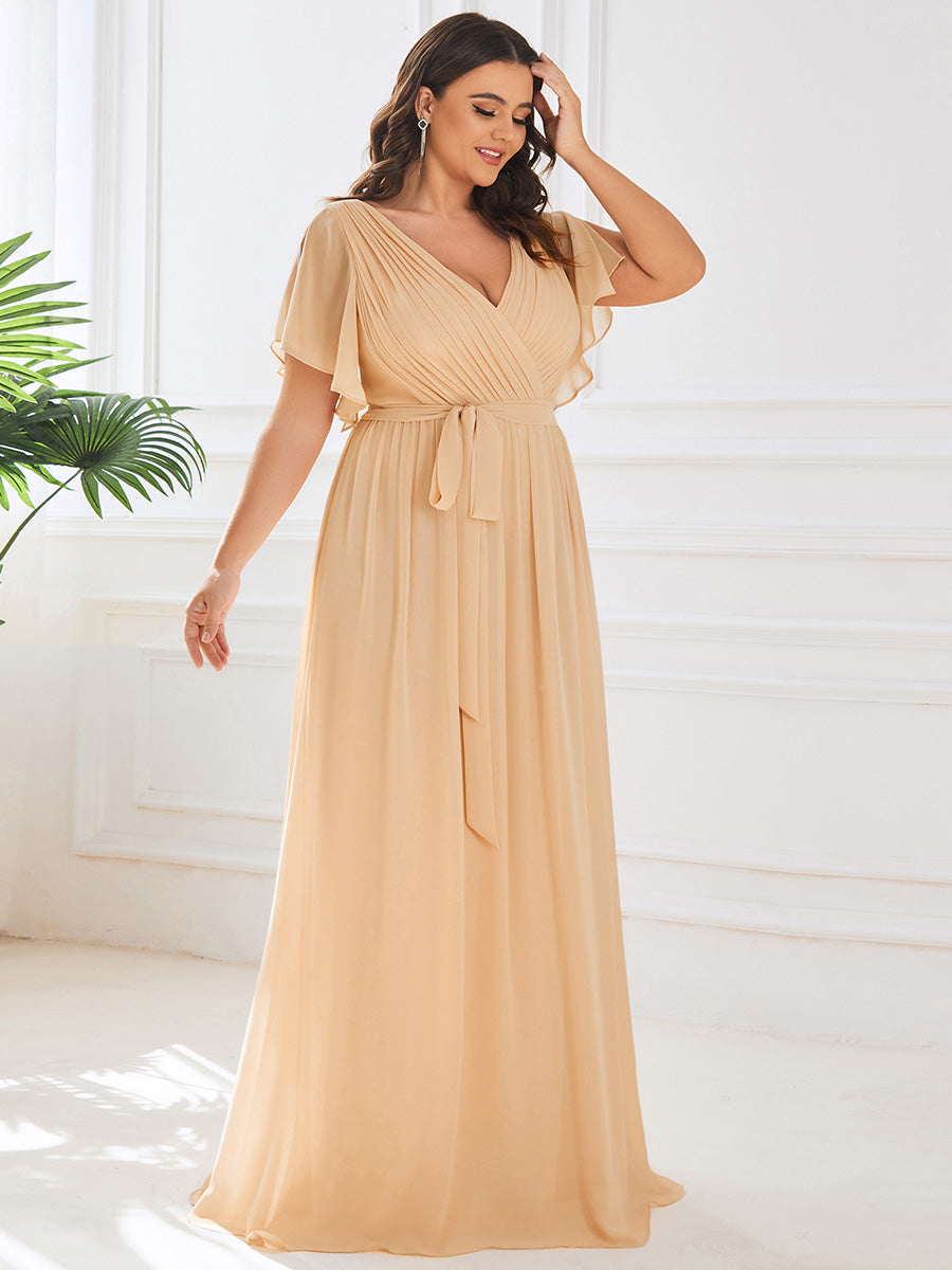 A Line Plus Size Wholesale Bridesmaid Dresses with Deep V Neck Ruffles Sleeves