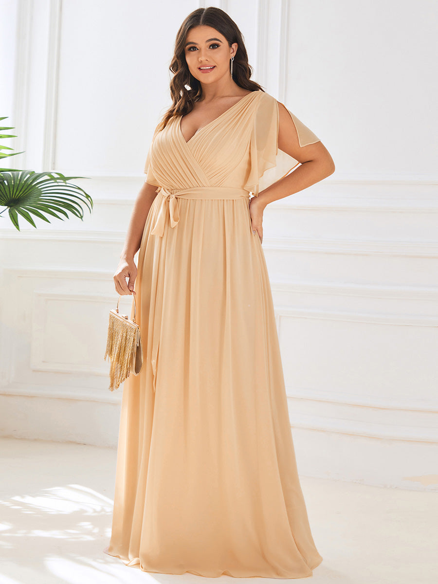 A Line Plus Size Wholesale Bridesmaid Dresses with Deep V Neck Ruffles Sleeves