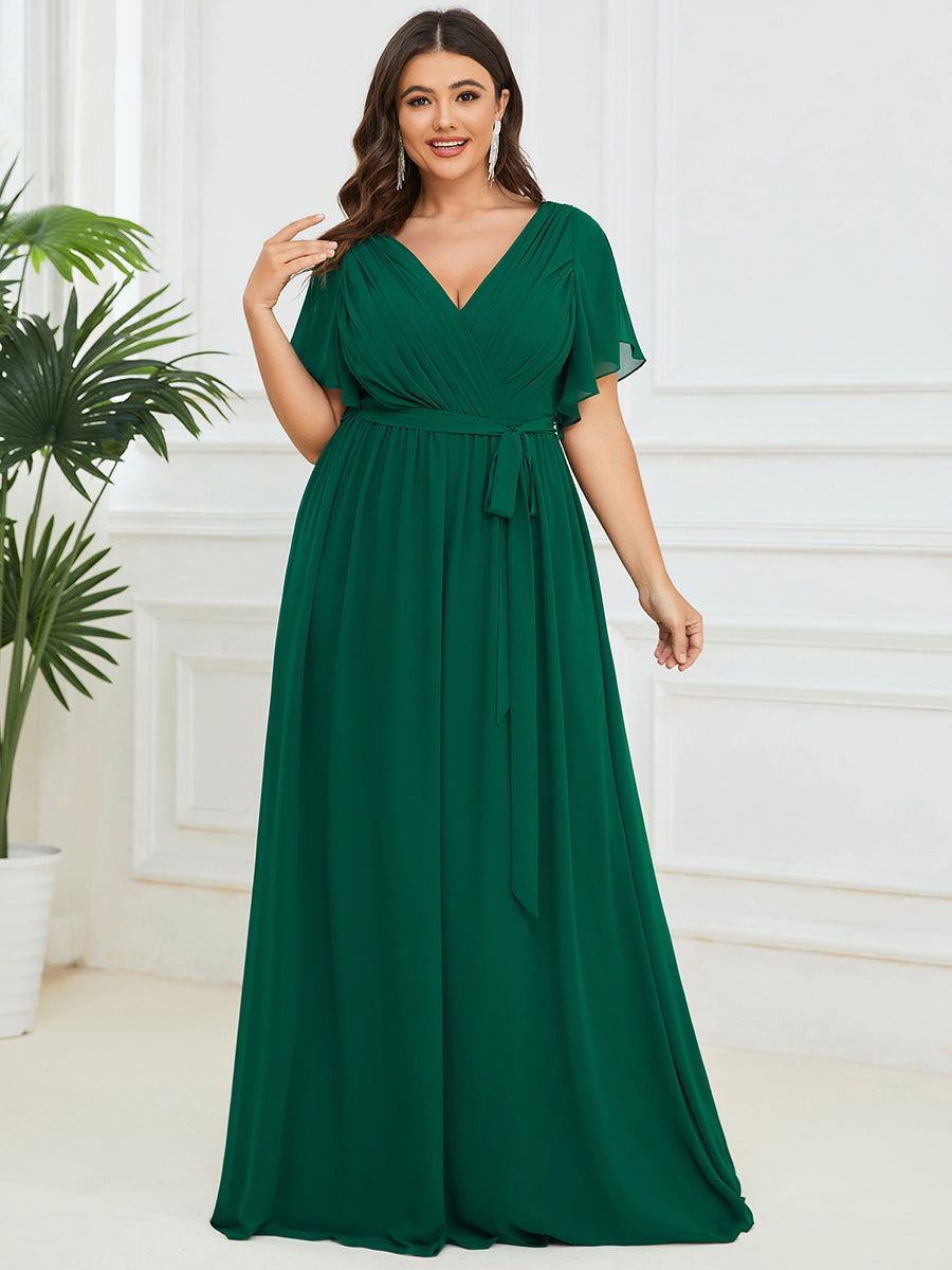 A Line Plus Size Wholesale Bridesmaid Dresses with Deep V Neck Ruffles Sleeves