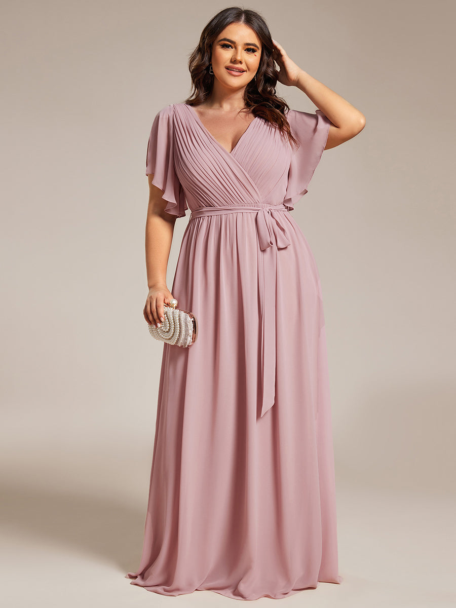 A Line Plus Size Wholesale Bridesmaid Dresses with Deep V Neck Ruffles Sleeves