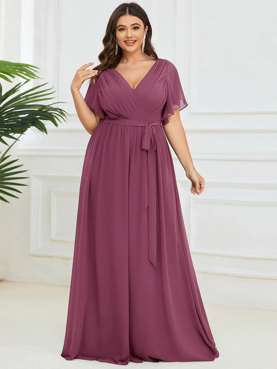 Color=Damson | Volume Discounts Short Sleeve Ruffle Deep V-Neck A-Line Floor Length Evening Dresses-Damson 16