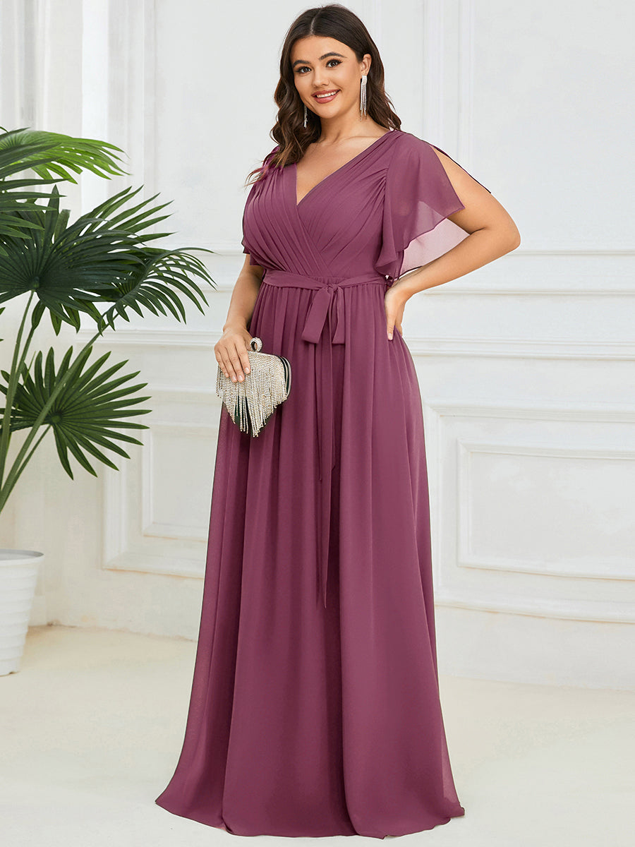 Color=Damson | Volume Discounts Short Sleeve Ruffle Deep V-Neck A-Line Floor Length Evening Dresses-Damson 19
