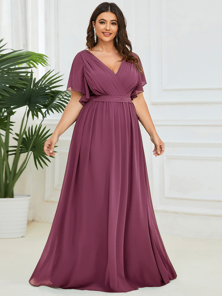Color=Damson | Volume Discounts Short Sleeve Ruffle Deep V-Neck A-Line Floor Length Evening Dresses-Damson 20
