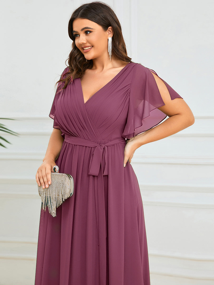 Color=Damson | Volume Discounts Short Sleeve Ruffle Deep V-Neck A-Line Floor Length Evening Dresses-Damson 18