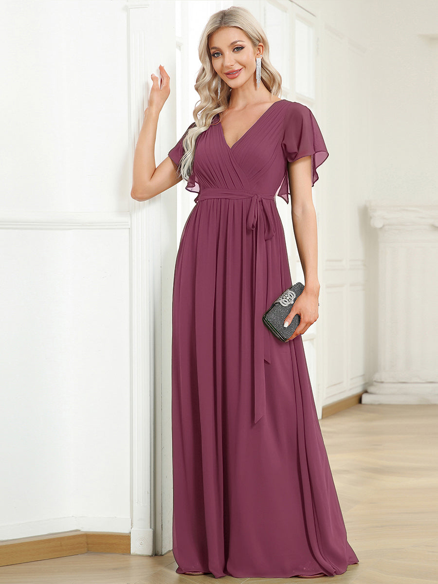 Color=Damson | Volume Discounts Short Sleeve Ruffle Deep V-Neck A-Line Floor Length Evening Dresses-Damson 14