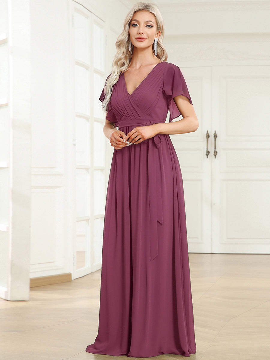 Color=Damson | Volume Discounts Short Sleeve Ruffle Deep V-Neck A-Line Floor Length Evening Dresses-Damson 15