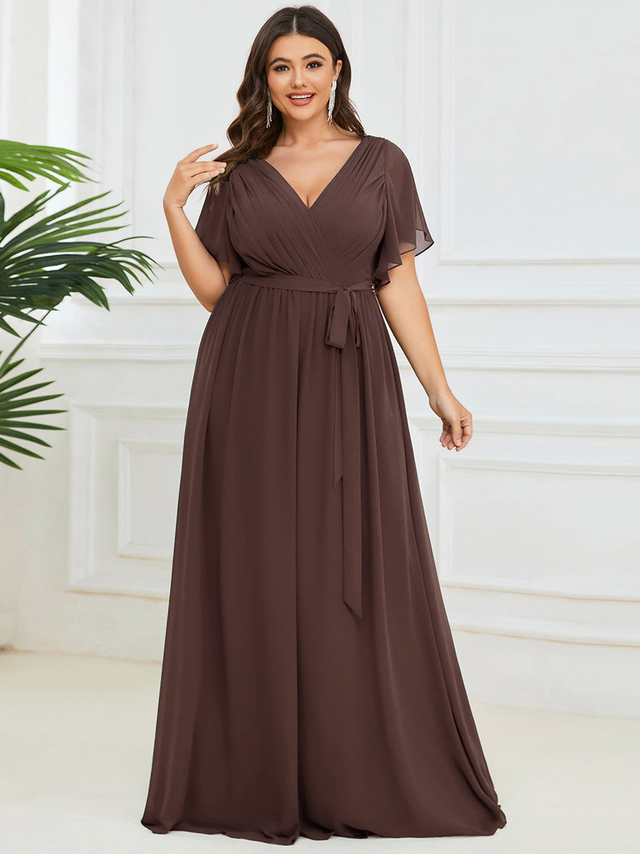 Color=Espresso | Volume Discounts Short Sleeve Ruffle Deep V-Neck A-Line Floor Length Evening Dresses-Espresso 26