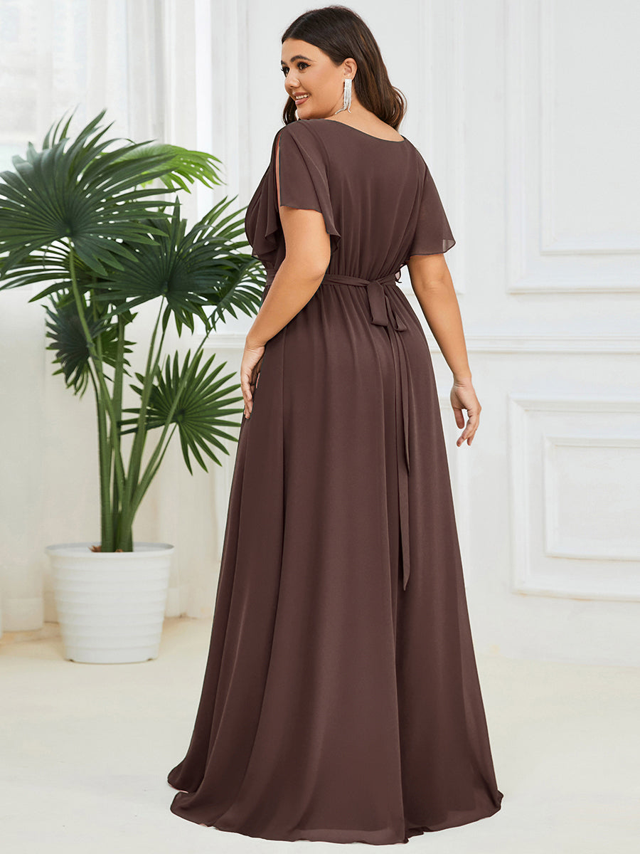 Color=Espresso | Volume Discounts Short Sleeve Ruffle Deep V-Neck A-Line Floor Length Evening Dresses-Espresso 27