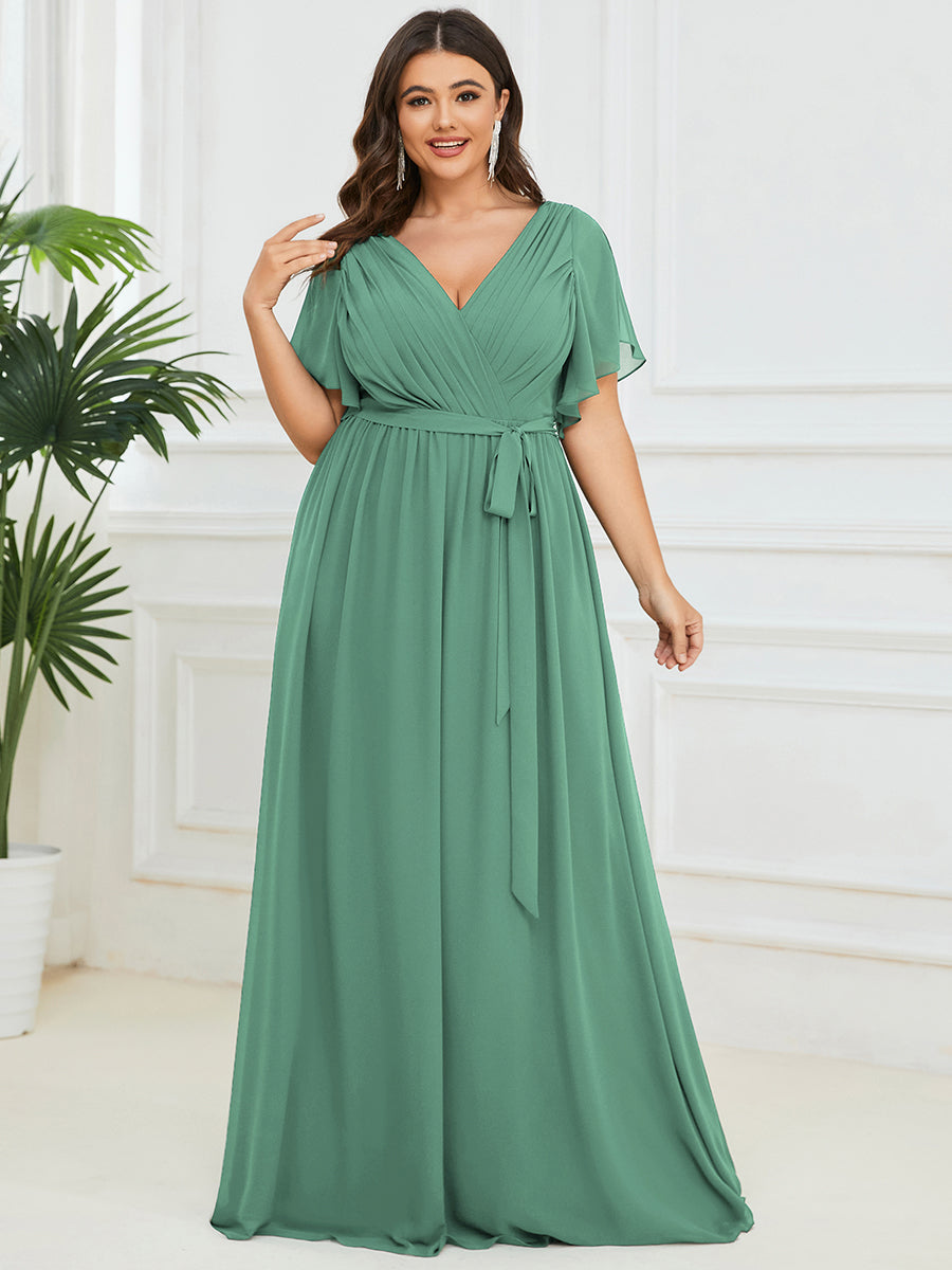 Color=Green Bean | Fast Delivery Short Sleeve Ruffle Deep V-Neck A-Line Floor Length Evening Dresses-Green Bean 6