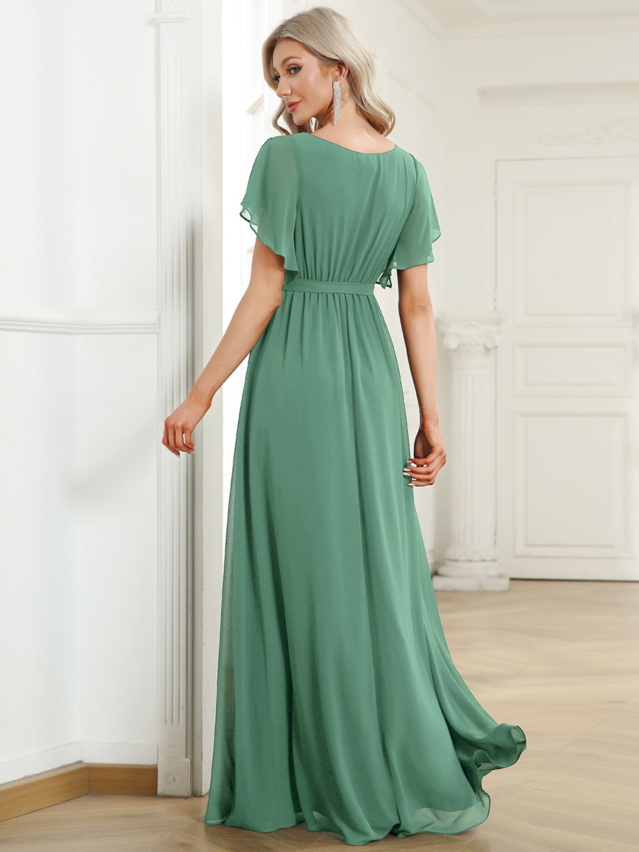 Color=Green Bean | Fast Delivery Short Sleeve Ruffle Deep V-Neck A-Line Floor Length Evening Dresses-Green Bean 2