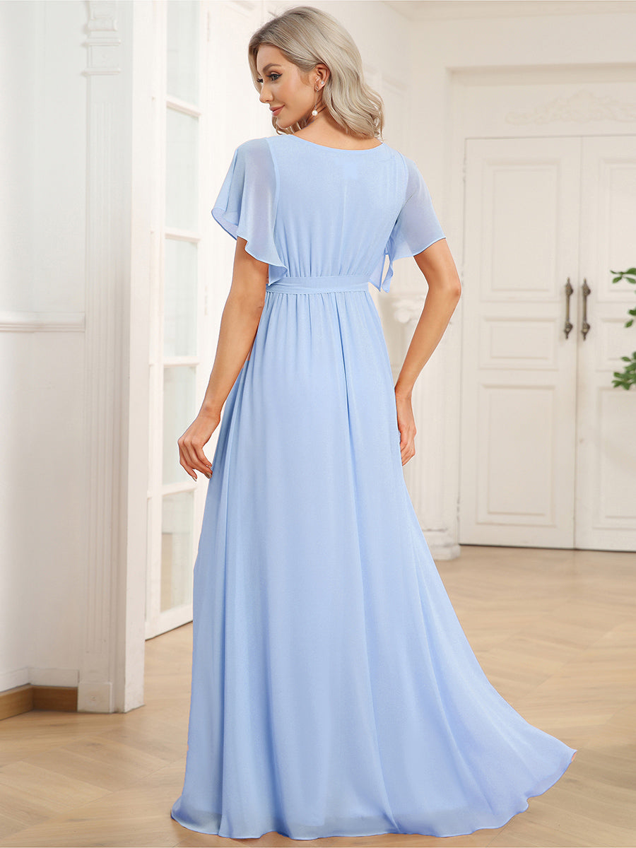 Color=Ice Blue | Bulk Order Short Sleeve Ruffle Deep V-Neck A-Line Floor Length Evening Dresses - Ice Blue 3