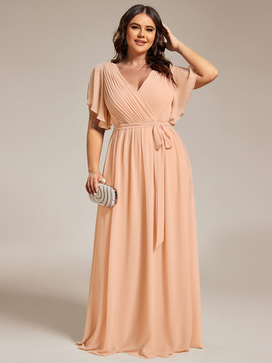 Color=Peach | Volume Discounts Short Sleeve Ruffle Deep V-Neck A-Line Floor Length Evening Dresses-Peach 56