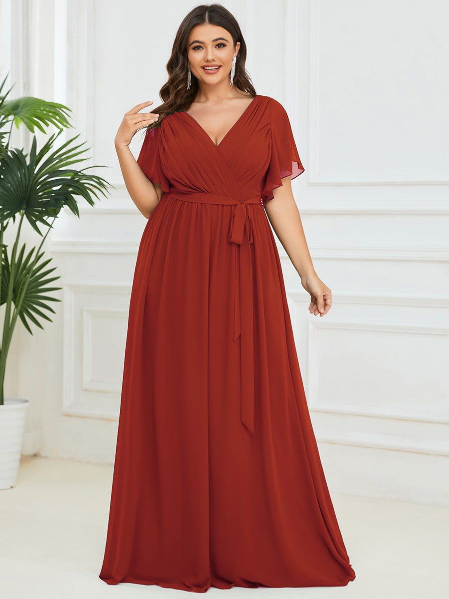 Color=Vermilion | Volume Discounts Short Sleeve Ruffle Deep V-Neck A-Line Floor Length Evening Dresses-Vermilion 36