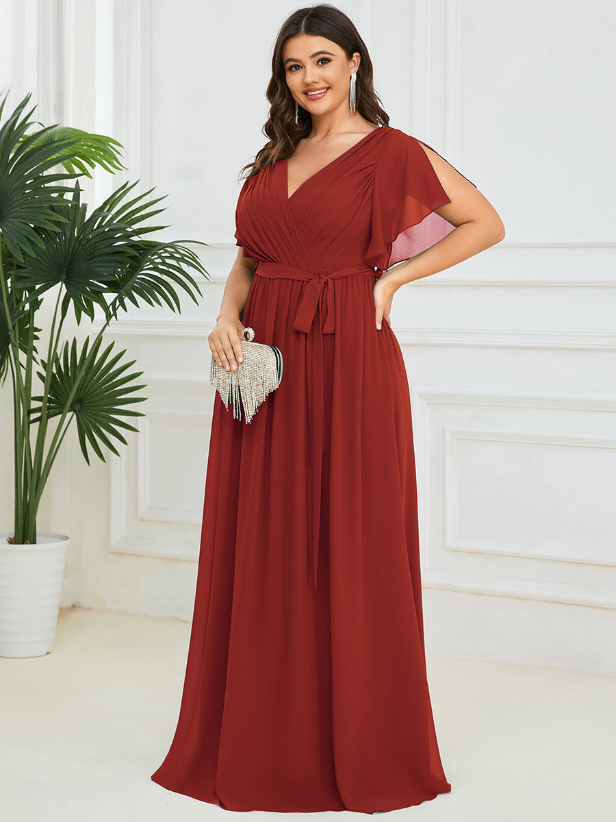 Color=Vermilion | Volume Discounts Short Sleeve Ruffle Deep V-Neck A-Line Floor Length Evening Dresses-Vermilion 39