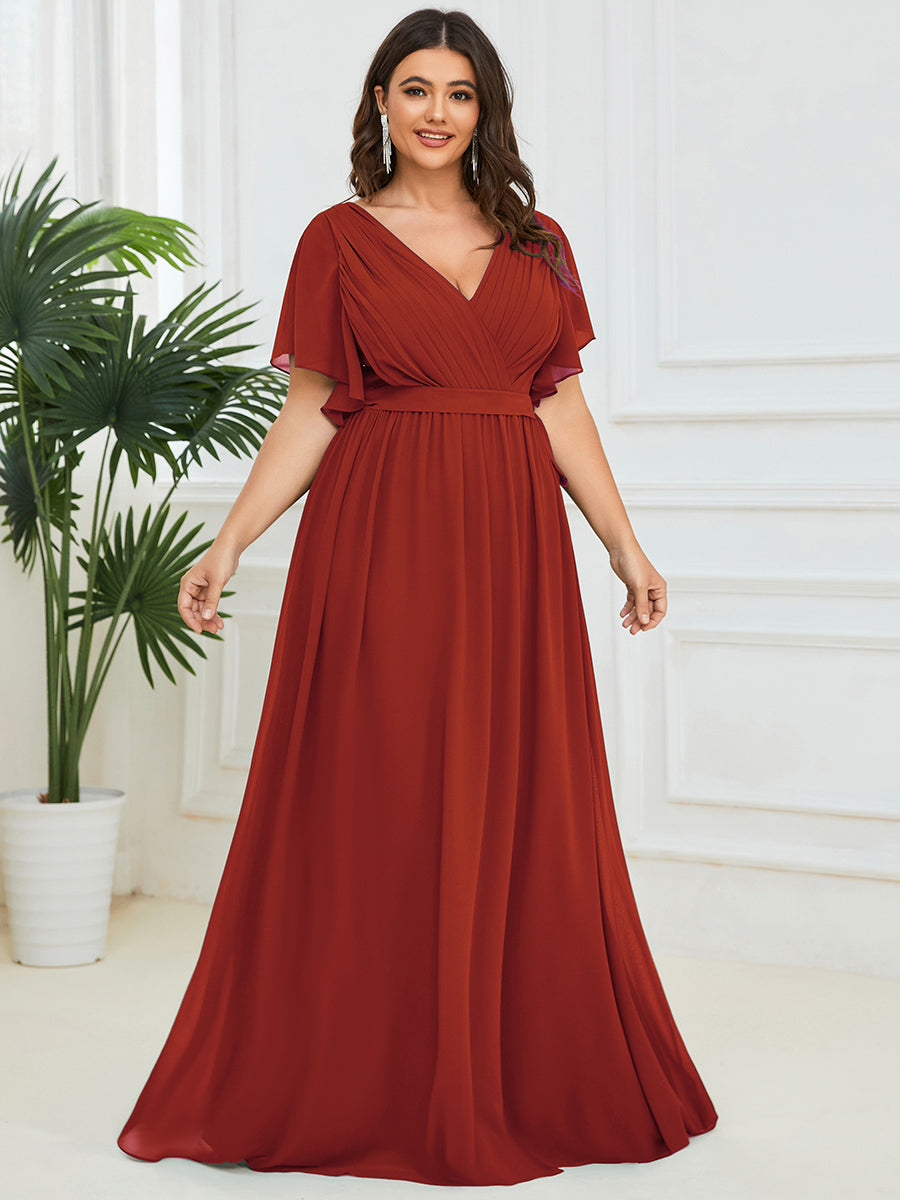 Color=Vermilion | Volume Discounts Short Sleeve Ruffle Deep V-Neck A-Line Floor Length Evening Dresses-Vermilion 40