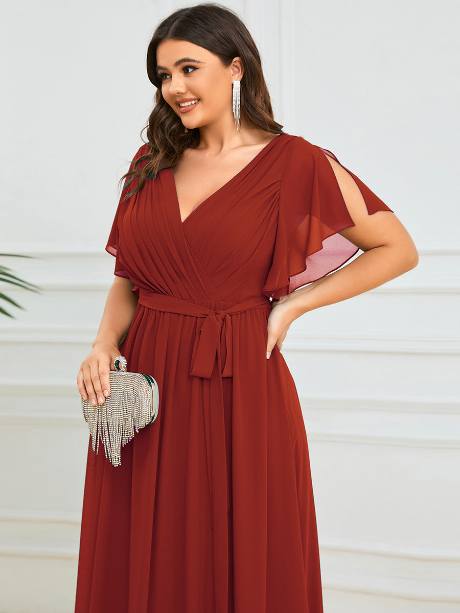 Color=Vermilion | Volume Discounts Short Sleeve Ruffle Deep V-Neck A-Line Floor Length Evening Dresses-Vermilion 38
