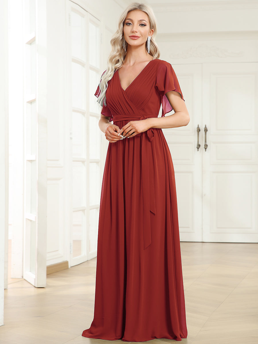 Color=Vermilion | Volume Discounts Short Sleeve Ruffle Deep V-Neck A-Line Floor Length Evening Dresses-Vermilion 35