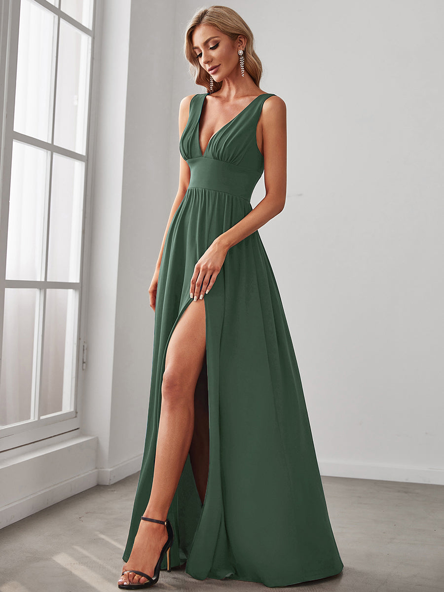 Color=Eucalyptus | Factory Design Strapless High Stretch A-Line Floor Length V-Neck Evening Dresses-Eucalyptus 4