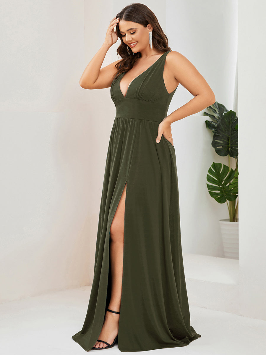 Color=Olive Green | Factory Design Strapless High Stretch A-Line Floor Length V-Neck Evening Dresses-Olive Green 30