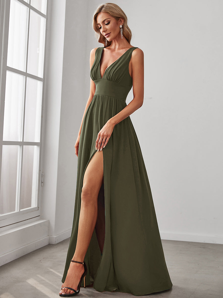 Color=Olive Green | Factory Design Strapless High Stretch A-Line Floor Length V-Neck Evening Dresses-Olive Green 24