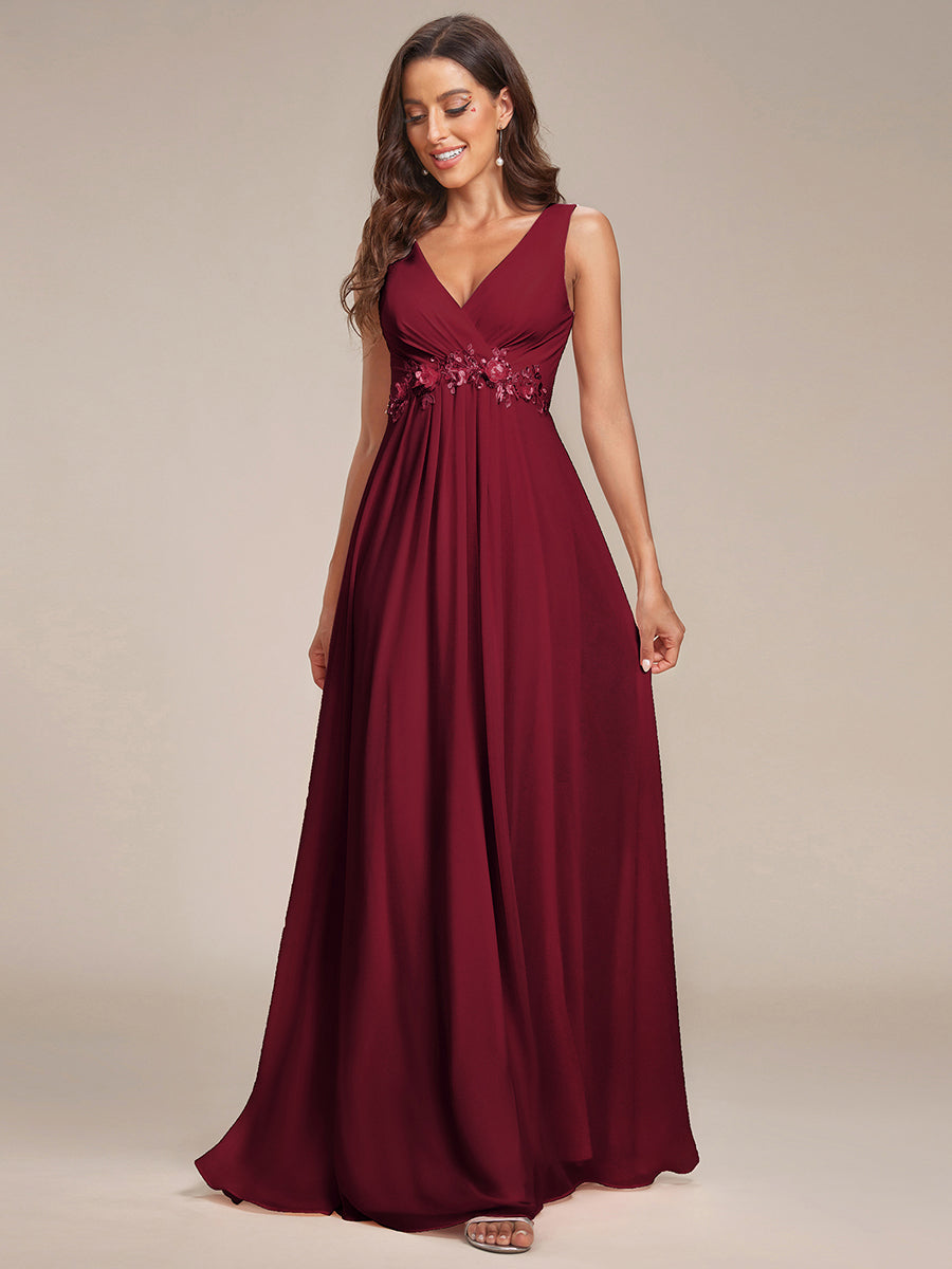 A-Line V Neck Appliques Ruched Wholesale Evening Dresses#Color_Burgundy