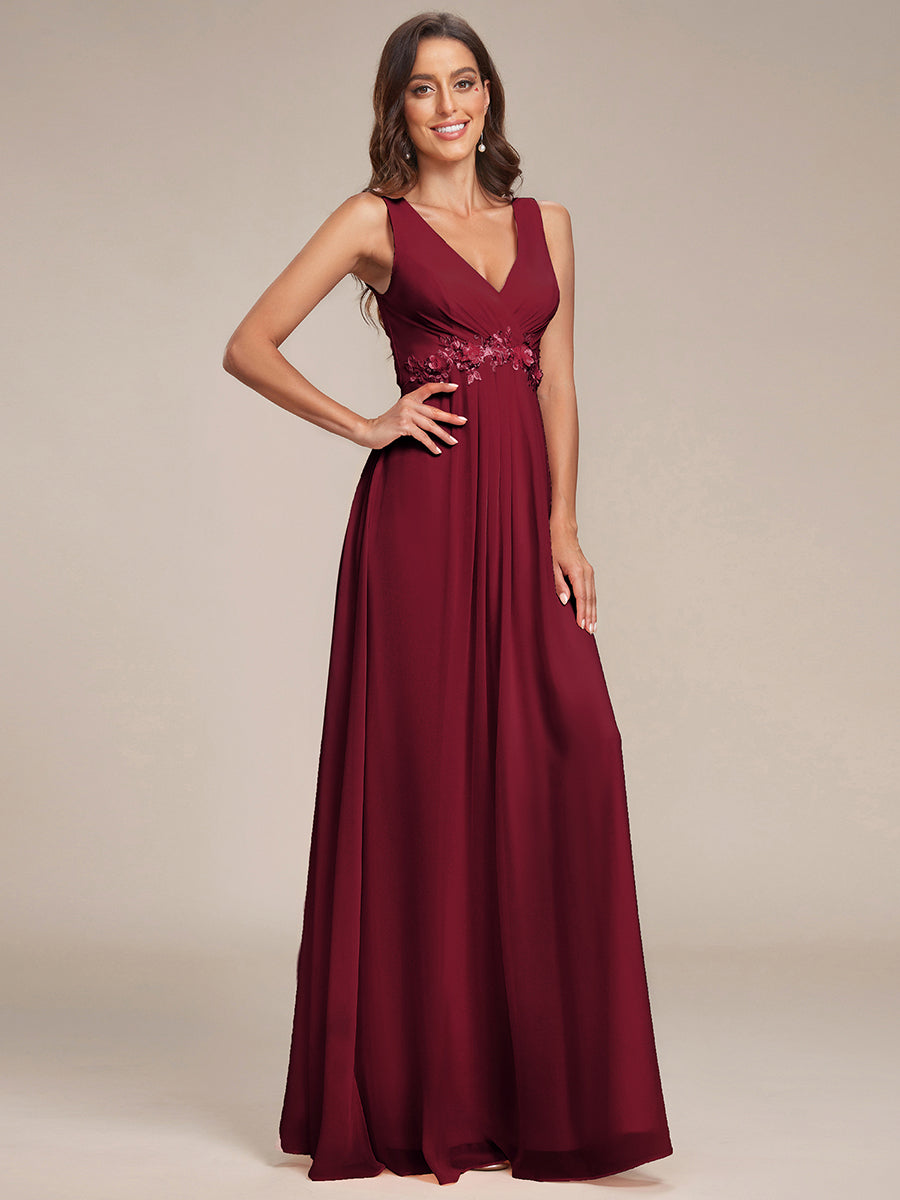 A-Line V Neck Appliques Ruched Wholesale Evening Dresses#Color_Burgundy