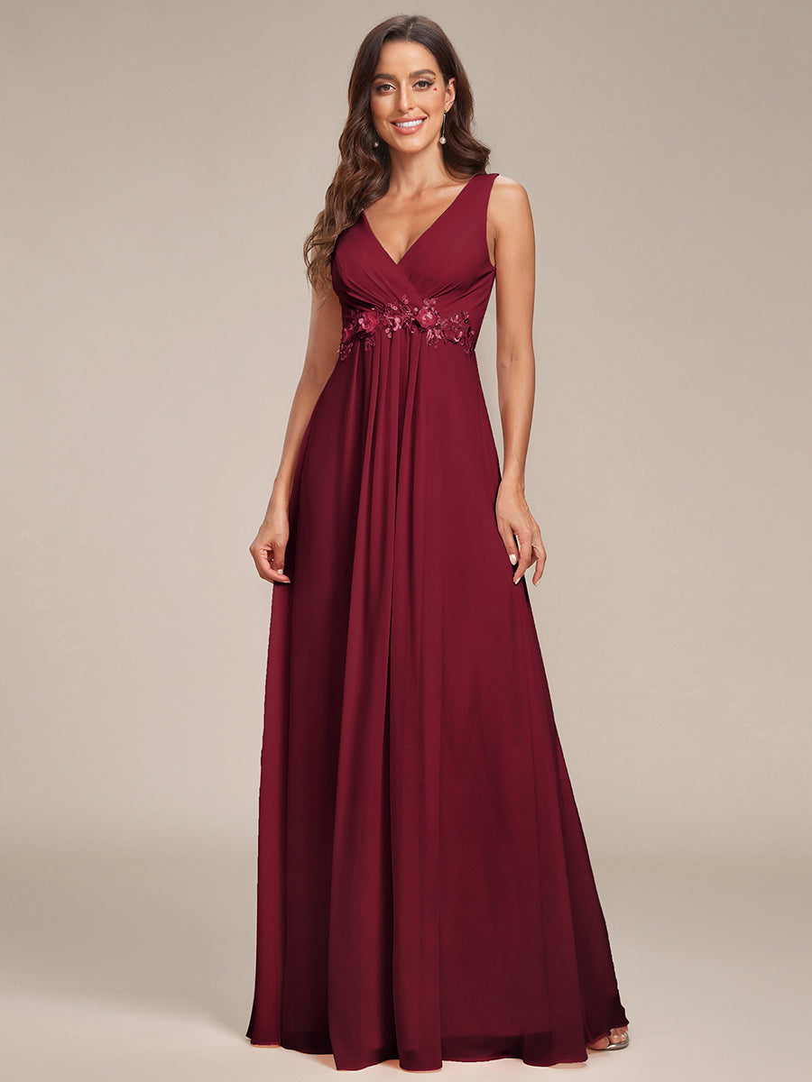 A-Line V Neck Appliques Ruched Wholesale Evening Dresses#Color_Burgundy