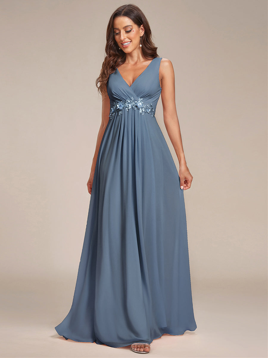 A-Line V Neck Appliques Ruched Wholesale Evening Dresses#Color_Dusty Blue