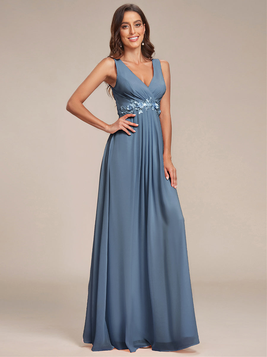 A-Line V Neck Appliques Ruched Wholesale Evening Dresses#Color_Dusty Blue