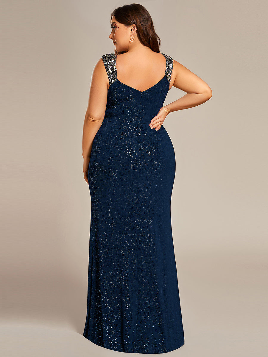 Color=Navy Blue | Plus Glitter Split Wholesale Evening Dresses-Navy Blue 2