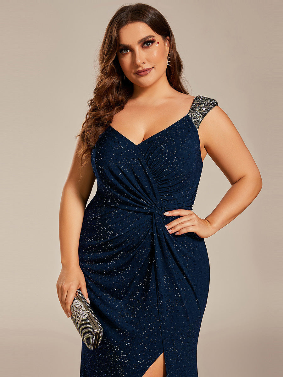 Color=Navy Blue | Plus Glitter Split Wholesale Evening Dresses-Navy Blue 5
