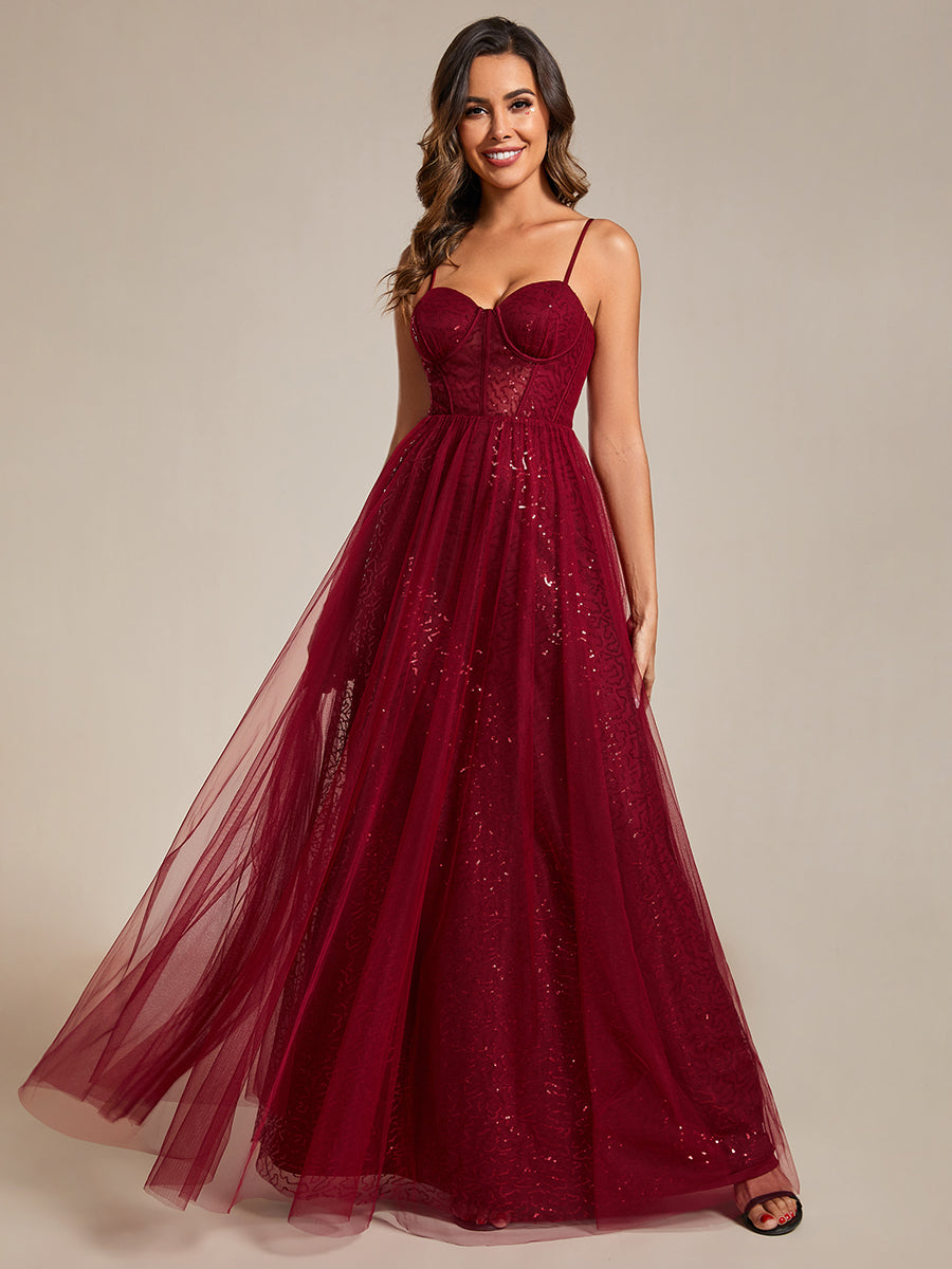 Color=Burgundy | Exquisite Empire Waist Sequin Shiny A-Line Floor Length Sweetheart Neckline Spaghetti Straps Wholesale Evening Dress-Color 10