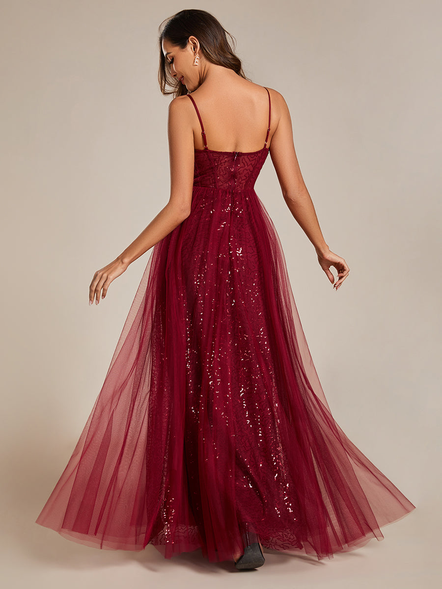 Color=Burgundy | Exquisite Empire Waist Sequin Shiny A-Line Floor Length Sweetheart Neckline Spaghetti Straps Wholesale Evening Dress-Color 7