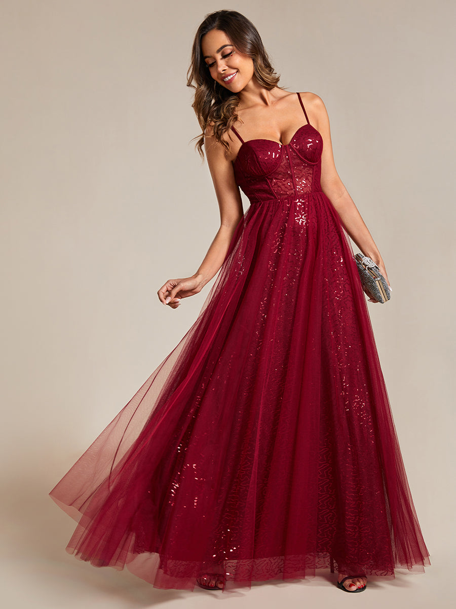 Color=Burgundy | Exquisite Empire Waist Sequin Shiny A-Line Floor Length Sweetheart Neckline Spaghetti Straps Wholesale Evening Dress-Color 8