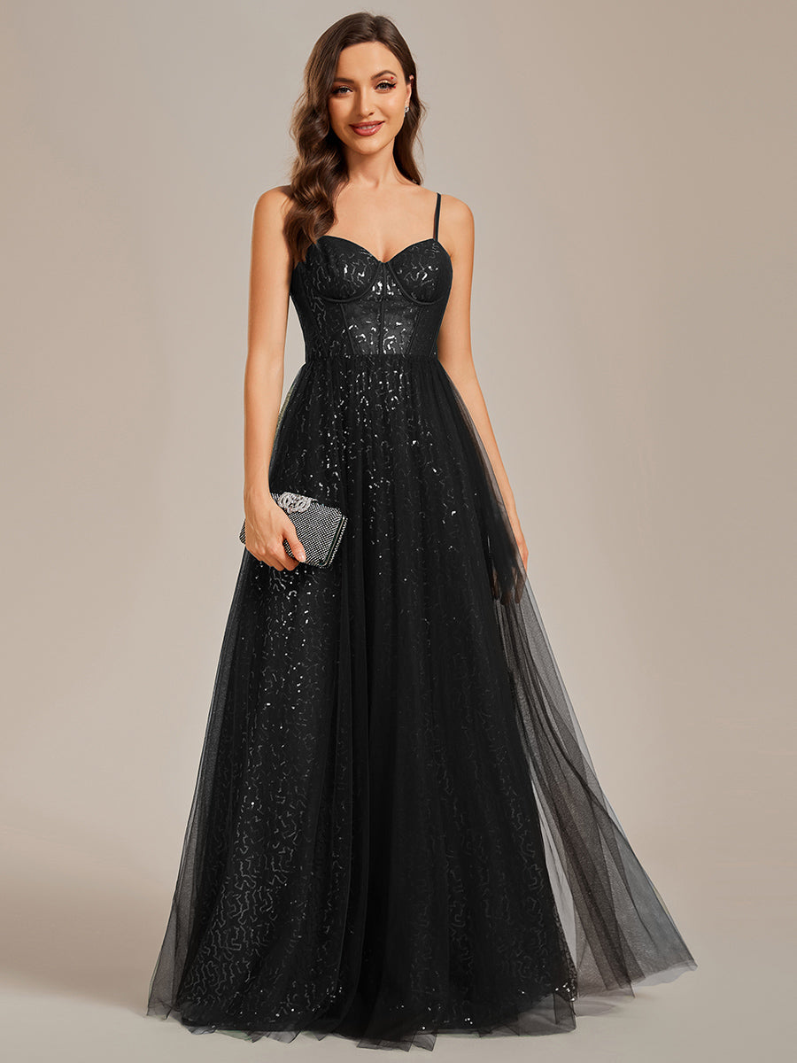 Color=Black | Exquisite Empire Waist Sequin Shiny A-Line Floor Length Sweetheart Neckline Spaghetti Straps Wholesale Evening Dress-Color 11