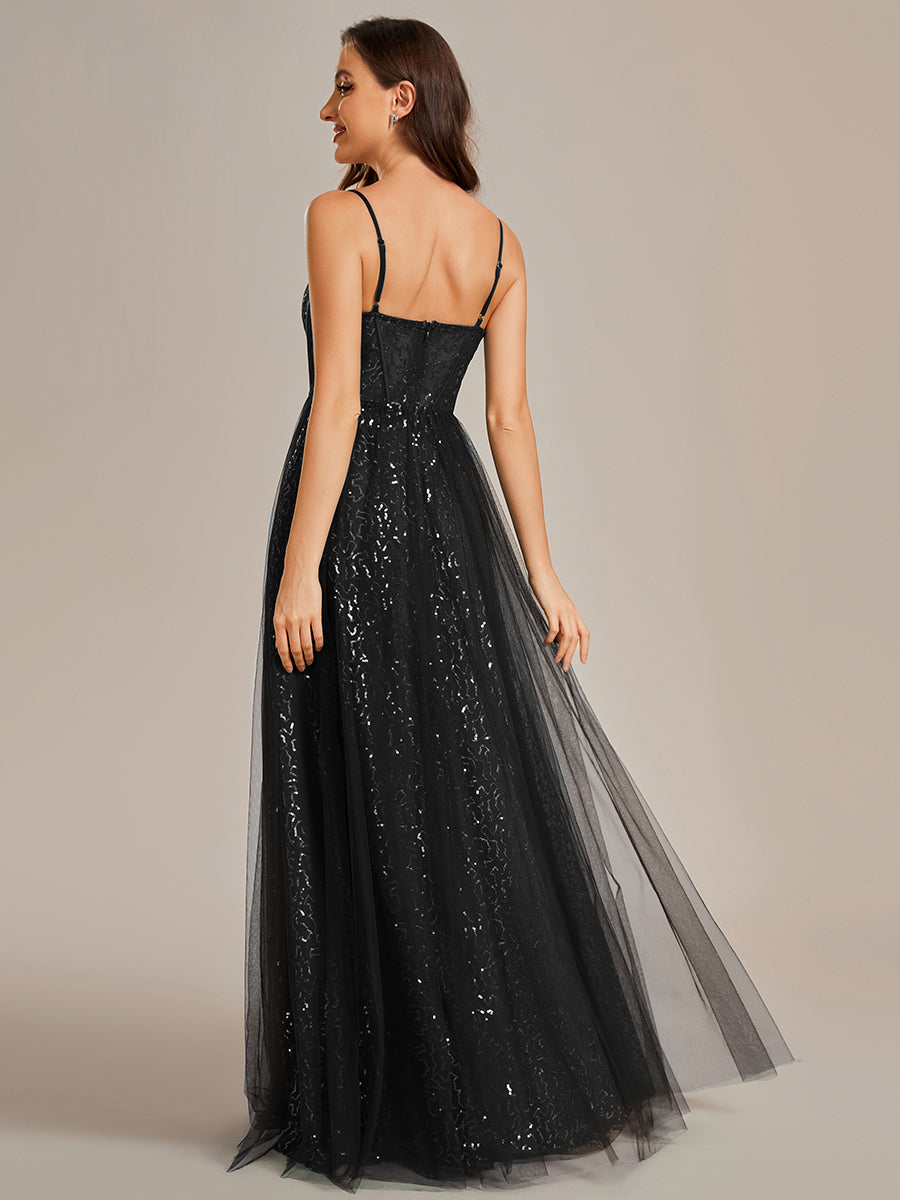 Color=Black | Exquisite Empire Waist Sequin Shiny A-Line Floor Length Sweetheart Neckline Spaghetti Straps Wholesale Evening Dress-Color 13
