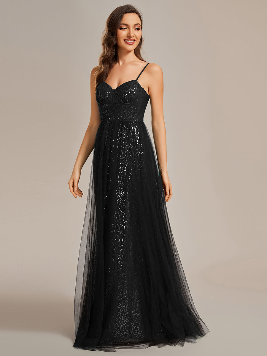 Color=Black | Exquisite Empire Waist Sequin Shiny A-Line Floor Length Sweetheart Neckline Spaghetti Straps Wholesale Evening Dress-Color 14