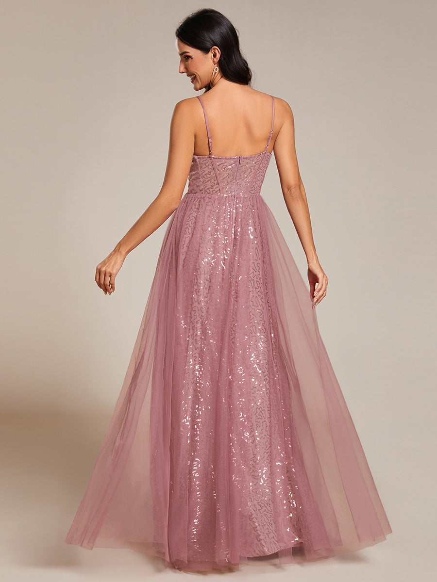 Color=Orchid | Exquisite   Empire Waist Sequin Shiny A-Line Floor Length Sweetheart Neckline Spaghetti Straps Wholesale Evening Dress-Orchid 15