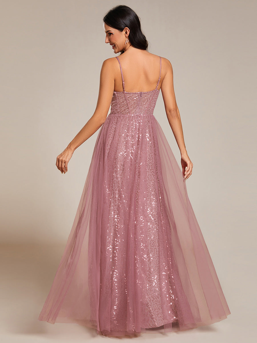 Color=Orchid | Exquisite Empire Waist Sequin Shiny A-Line Floor Length Sweetheart Neckline Spaghetti Straps Wholesale Evening Dress-Orchid 15