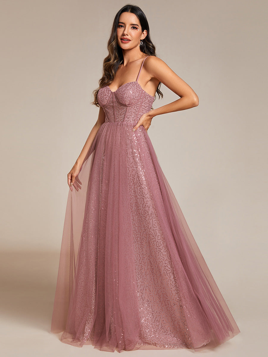 Color=Orchid | Exquisite   Empire Waist Sequin Shiny A-Line Floor Length Sweetheart Neckline Spaghetti Straps Wholesale Evening Dress-Orchid 17