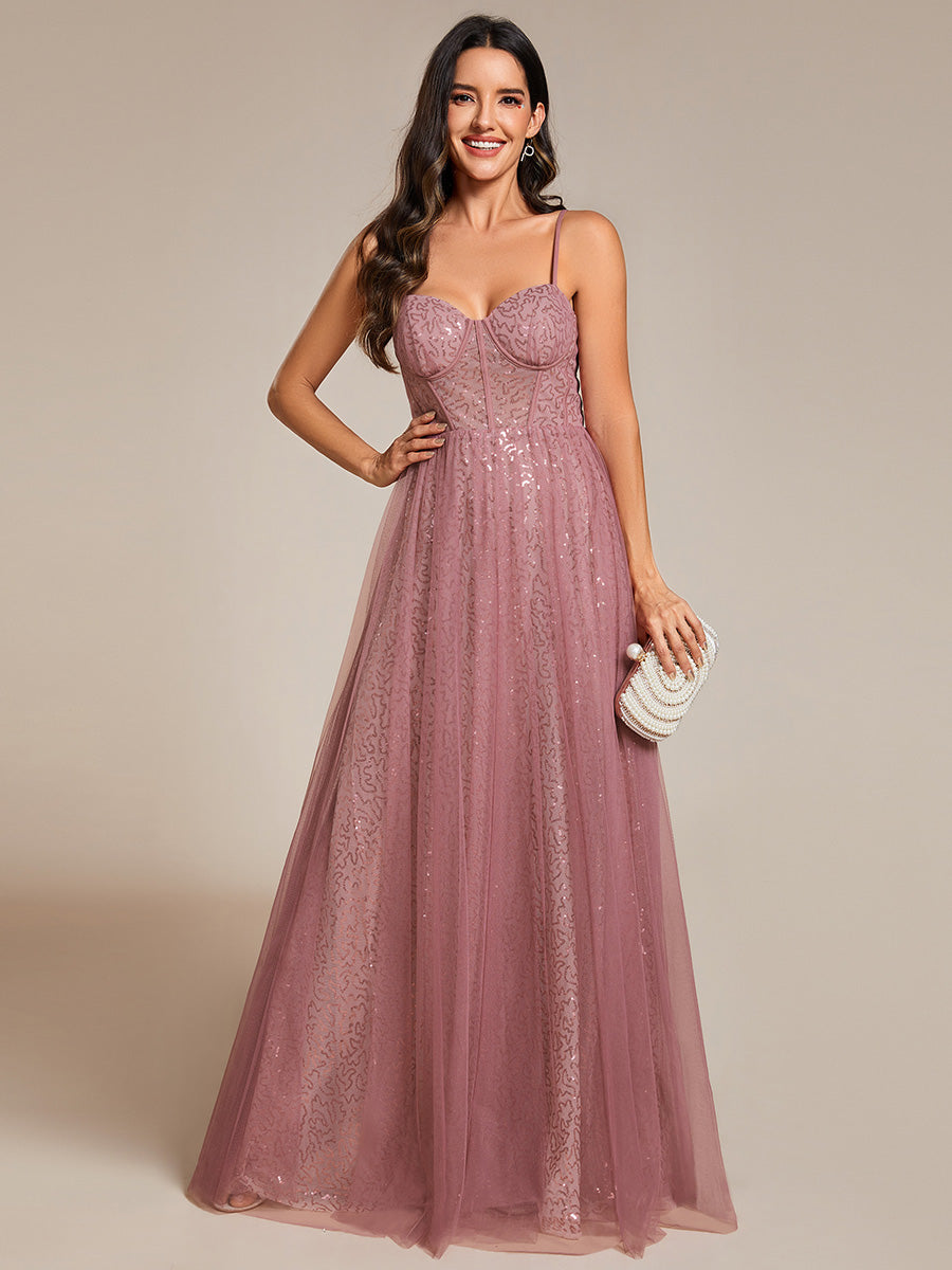 Color=Orchid | Exquisite Empire Waist Sequin Shiny A-Line Floor Length Sweetheart Neckline Spaghetti Straps Wholesale Evening Dress-Orchid 14