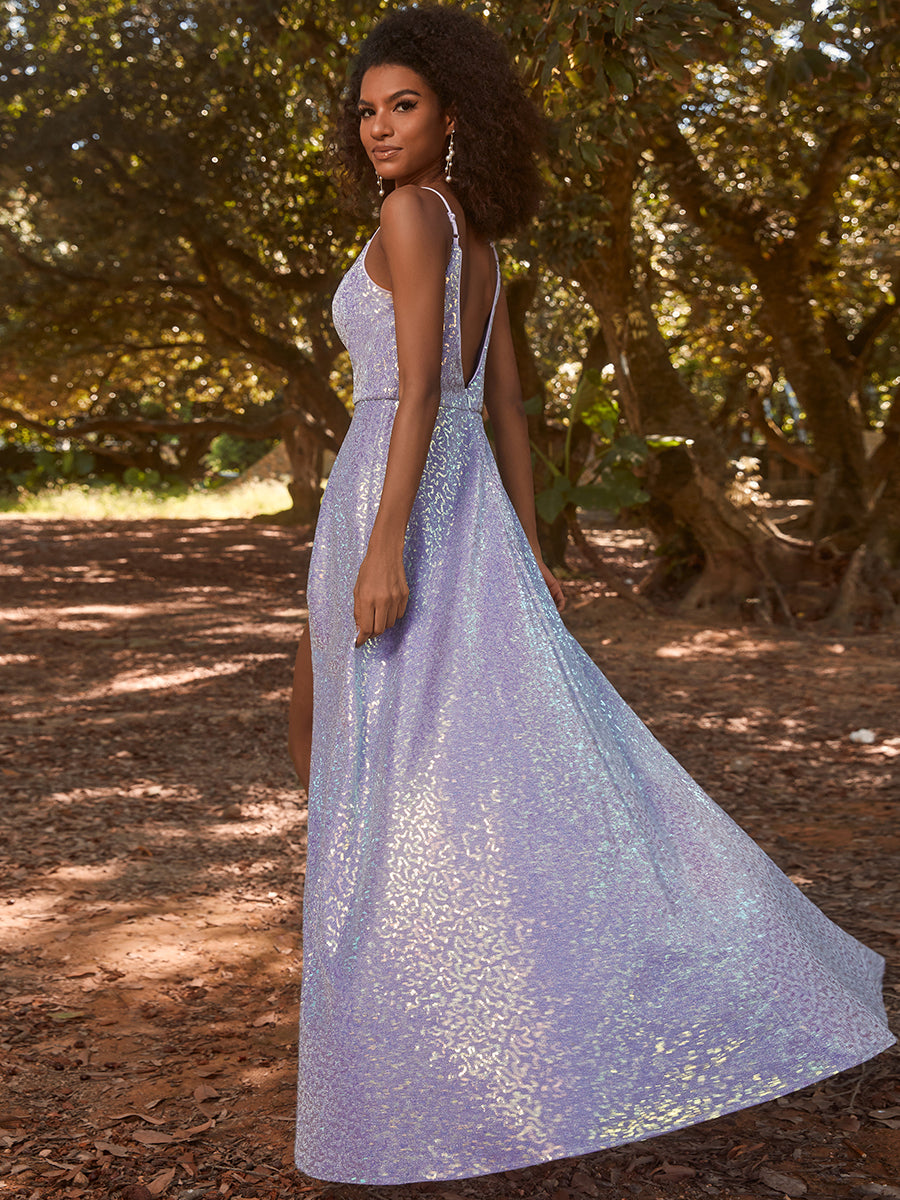 Shiny Side Split Spaghetti Straps Wholesale Evening Dresses#Color_Lavender