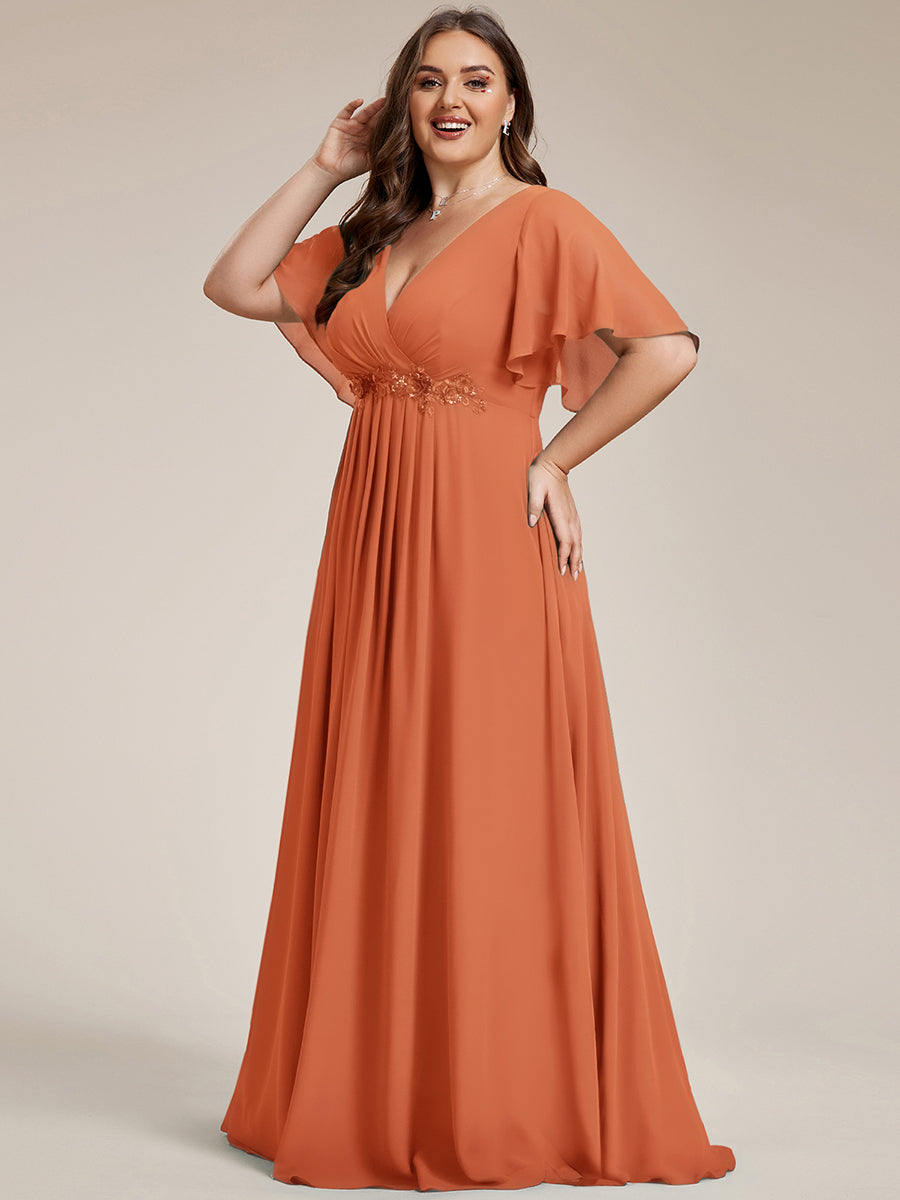 Color=Brandied Melon | Bulk Order Short Sleeve Ruffle Appliques Deep V-Neck A-Line Evening Dresses-Brandied Melon 10