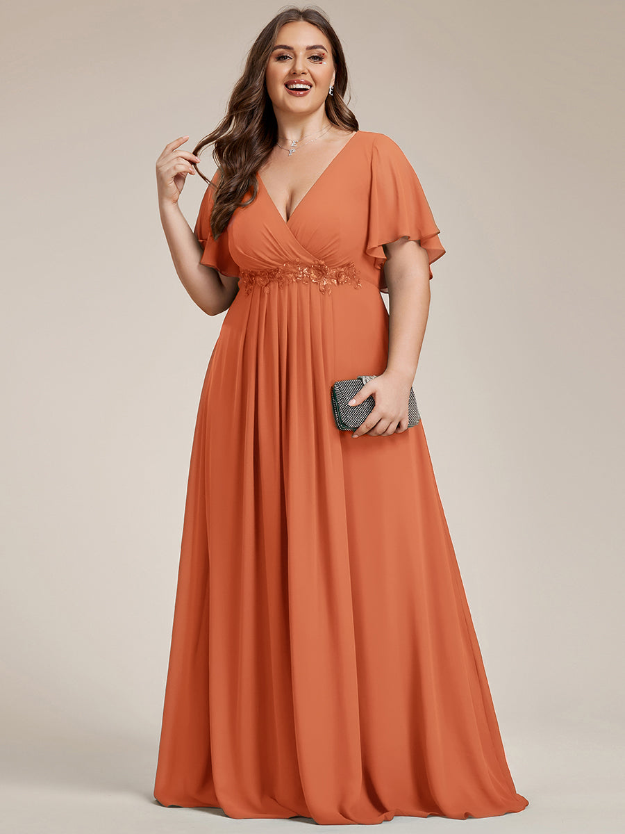 Color=Brandied Melon | Bulk Order Short Sleeve Ruffle Appliques Deep V-Neck A-Line Evening Dresses-Brandied Melon 6