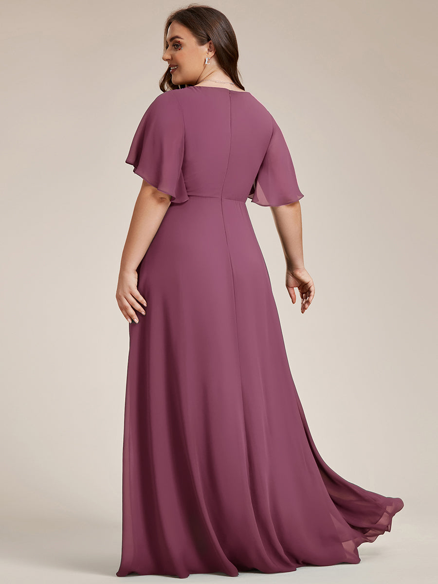 Color=Damson | Bulk Order Short Sleeve Ruffle Appliques Deep V-Neck A-Line Evening Dresses-Damson 17