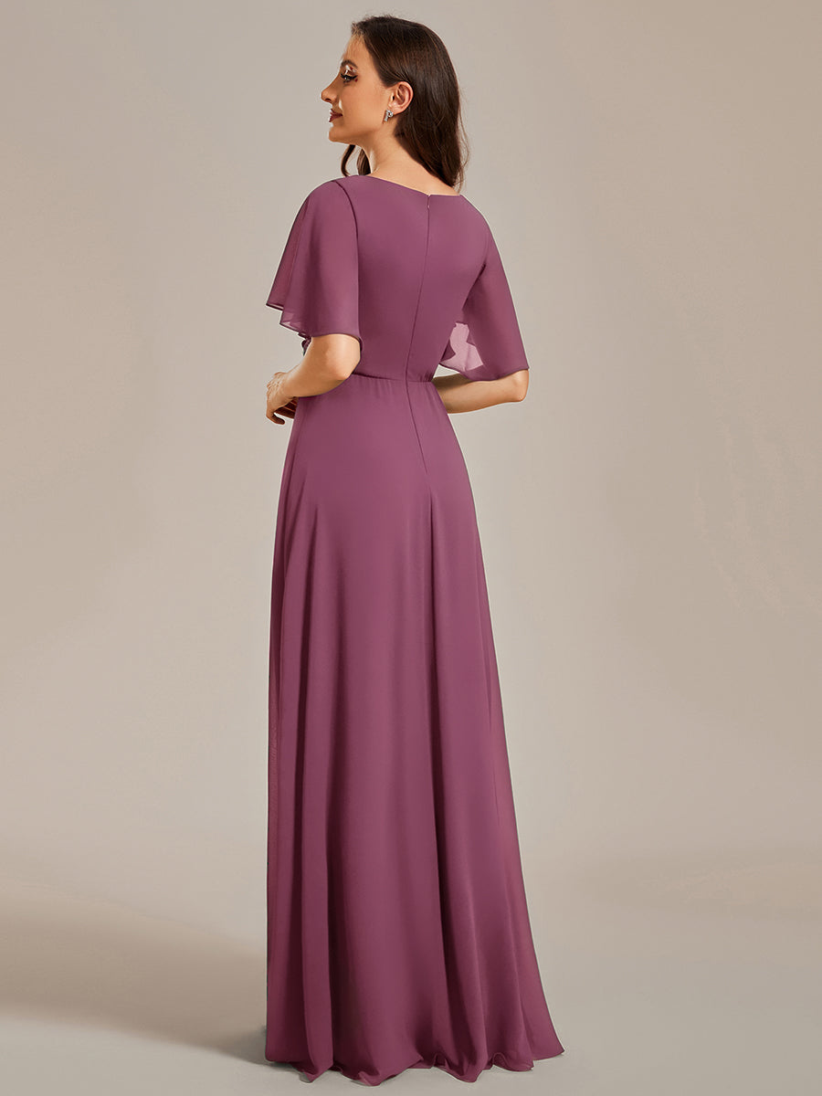 Color=Damson | Bulk Order Short Sleeve Ruffle Appliques Deep V-Neck A-Line Evening Dresses-Damson 12