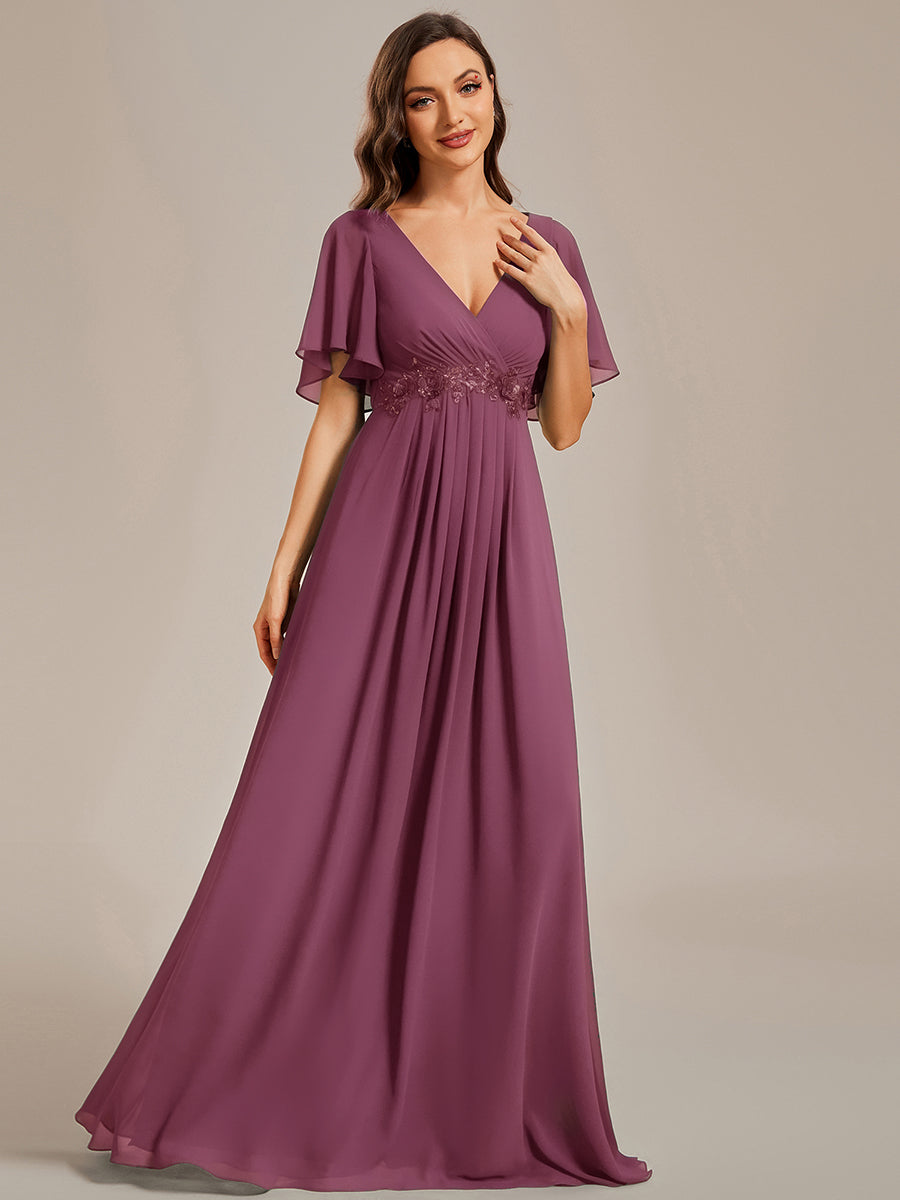 Color=Damson | Bulk Order Short Sleeve Ruffle Appliques Deep V-Neck A-Line Evening Dresses-Damson 14